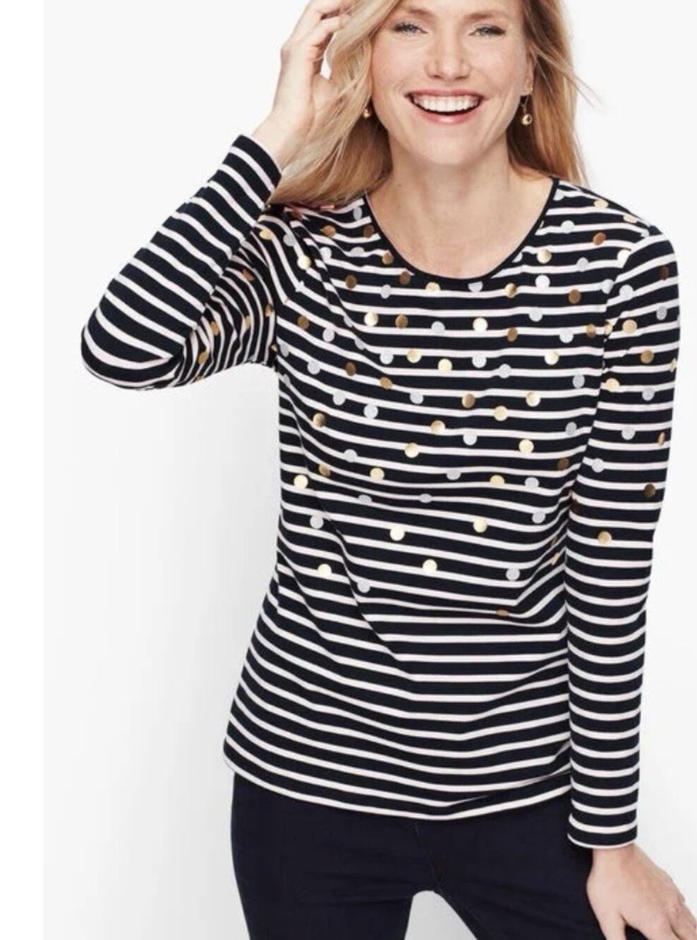 Talbots Women Striped Metallic Navy Polka Dot LS Cotton Top Plus Petite 1XP NWT